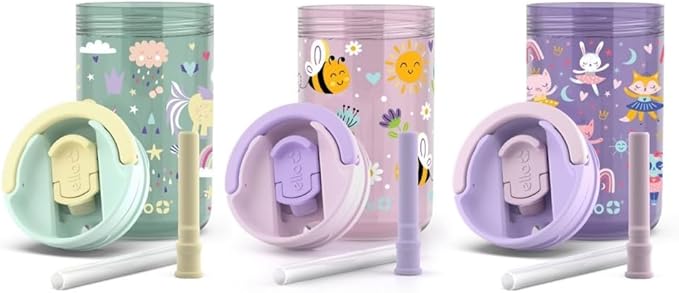 Ello Kids Bop 12 oz Spill Resistant Tritan Tumbler With Removable Straw | Built In Carry Handle | 3 Pack (Rainbows, Bees, Ballerinas)