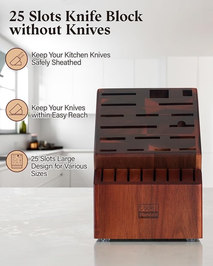 Cooks Standard Acacia wood Knife Block Holder without Knives, 25 Slot X-Large Universal Countertop Butcher Block Kitchen Knife Stand for Easy Kitchen Storage