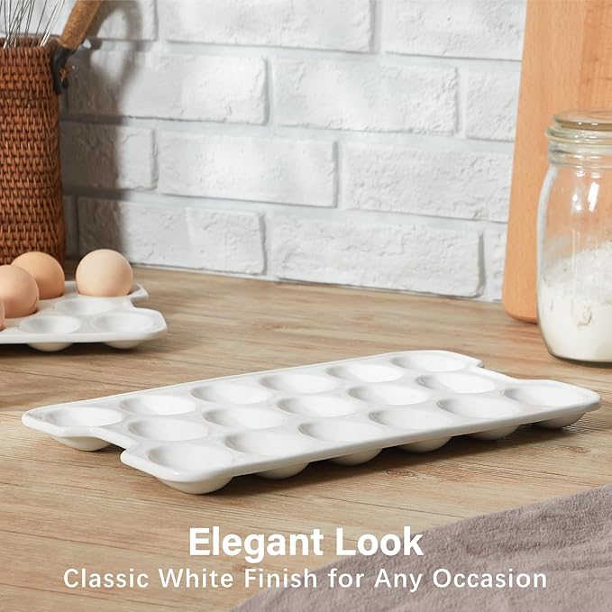 ONEMORE Ceramic Deviled Egg Platter Set of 2, Christmas Deviled Egg Tray, 17 Holes Eggs Holder for Fridge, Rectangle Appetizer Serving Dishes for Parties & Entertaining, Serving Plate for Boiled Eggs