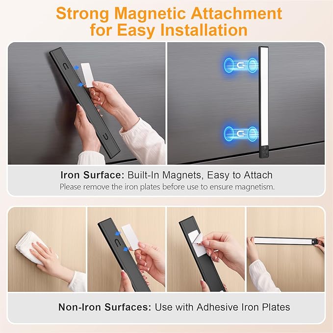 Gritin 14.7inch Under Cabinet Lighting Rechargeable 2 Pack- 3 Color Temps&5 Level Brightness, Super Bright, 4 Modes, Motion Sensor, Long Lasting - Easy Installation Magnetic Under Closet Lights-Black