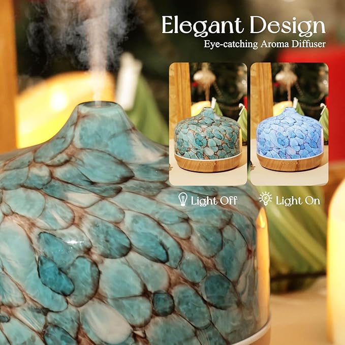 Porseme 500ml Glass Essential Oil Diffuser Aromatherapy Ultrasonic Cool Mist Humidifier 15-21 Running Hours Waterless Auto-Off Air Diffusers for Sleeping Yoga Working Spa(Light Blue)