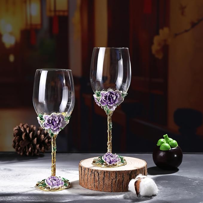 Simcat Handmade Painted Enamel Flower Glass Wine Glasses Transparent Refined Goblet, Stem For Cabernet, Gifts (purple single gift box,big flower)