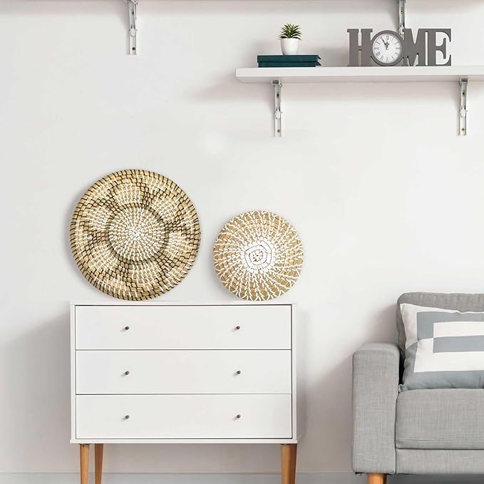 Xuhal 15 Pcs Boho Wall Basket Decor Handcrafted Seagrass Woven Wall Basket Rustic Round Woven Hanging Art for Home Farmhouse Kitchen Table Living Room(Classic Style)