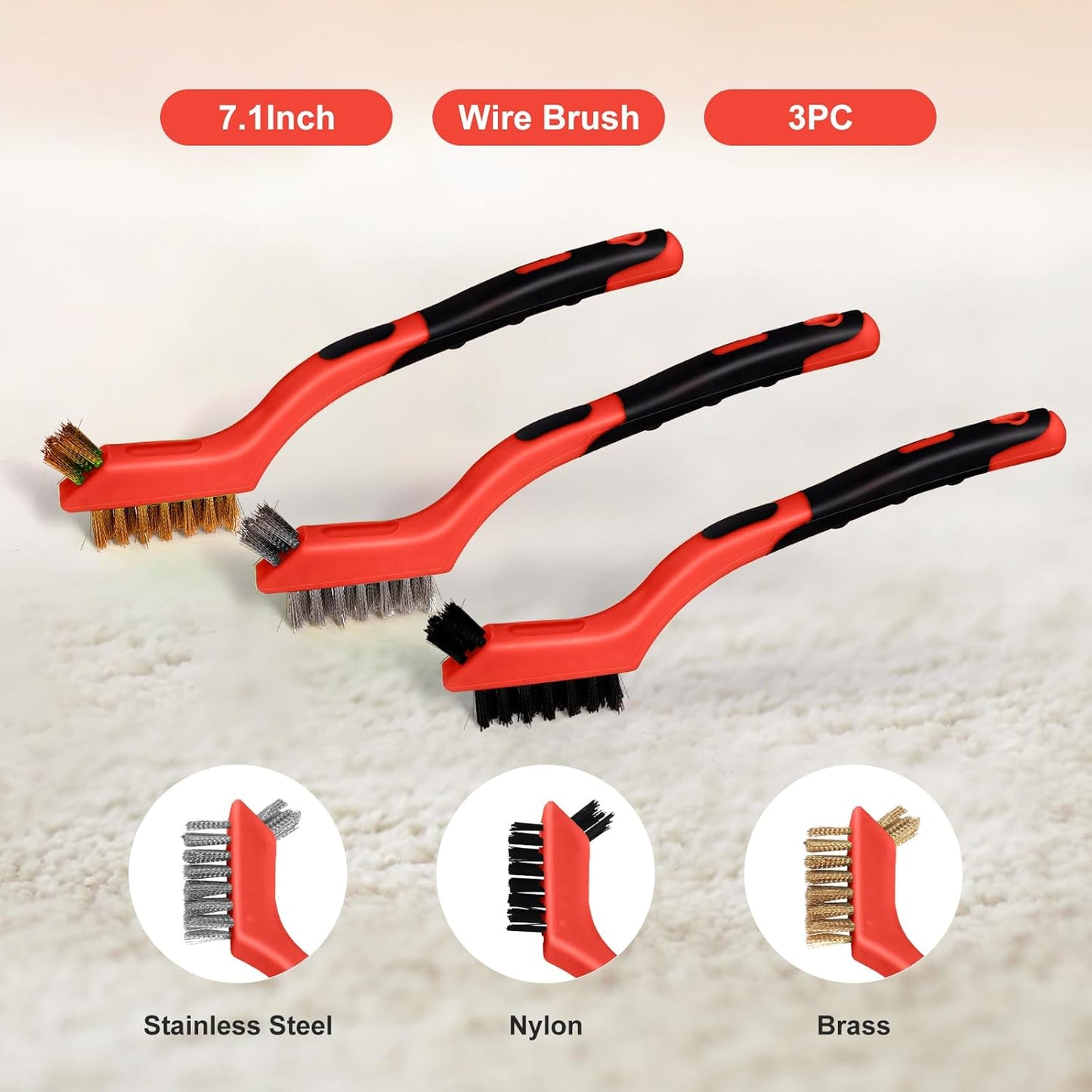MAXMAN Wire Brush Set 3Pcs, Small Wire Brushes for Cleaning, Rust Remover, Scrub Brush, Detailing Brush, Metal Brush, Stainless Steel/ Brass/ Nylon Bristles Bristle Brush, Scratch Brush, (Red)