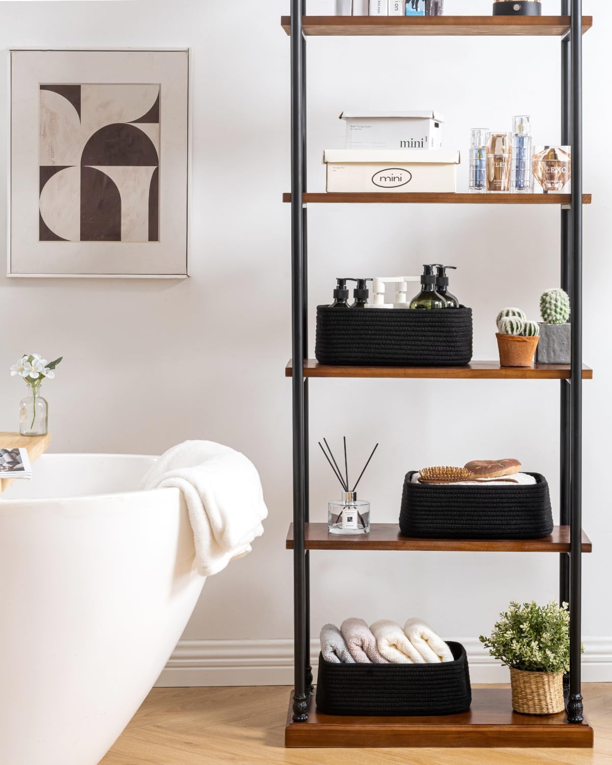 Small Woven Basket, 12 x 8 x 4.5 Inches, Storage Basket for Organizing, Cute Small Rope Shelf Closet Cube Storage Bins Baskets for Shelves, Dog Toy Gift Baskets Empty, 3 Packs, Black