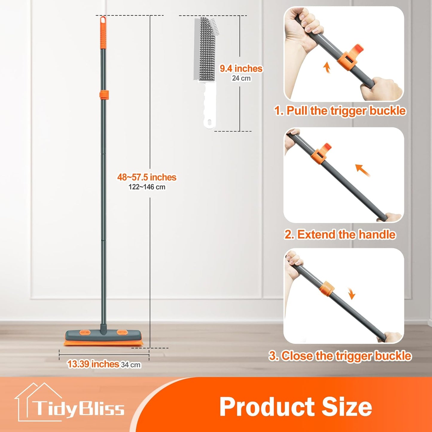 Pet Hair Removal Broom, 57.5 inches Rubber Brush Carpet Rake with Silicone Squeegee, Fur Remover Tool with Detailing Lint Comb for Cleaning Rug, Tile, Hardwood Floor (Gray Orange)