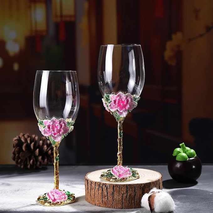 Simcat Handmade Painted Enamel Flower Glass Wine Glasses Transparent Refined Goblet, Stem For Cabernet, Gifts (pink single gift box,big flower)