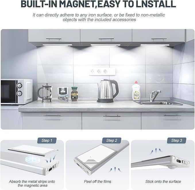 6 Pack Under Cabinet Lights Wireless, 40 LED Motion Sensor Light Indoor Rechargeable Magnetic Closet Lights Battery Operated, Under Counter Lights for Kitchen, Wardrobe, Hallway, Stairs