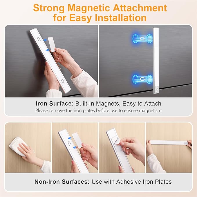 Gritin 14.7inch Under Cabinet Lighting Rechargeable 2 Pack- 3 Color Temps&5 Level Brightness, Super Bright, 4 Modes, Motion Sensor, Long Lasting - Easy Installation Magnetic Under Closet Lights-Silver