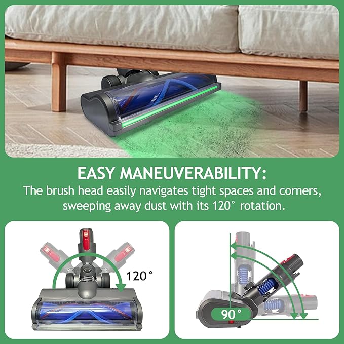 Vacuum Head Hardwood Floor Attachment for Dyson Cordless Vacuum V7 V8 V10 V11 V15 G5 V8 slim, Replacement Cleaner Head full-area LED Green Light, Quick-Release Design for Hard Floor Short Pile Carpets