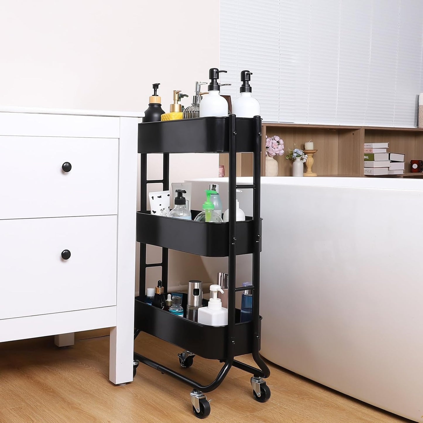 MAX Houser Slim 3-Tier Rolling Utility Cart, Narrow Metal Bathroom Storage Multifunctional Organizer Carts with Wheels with Extra Hook, Laundry Room,Kitchen,Small Space(Black)