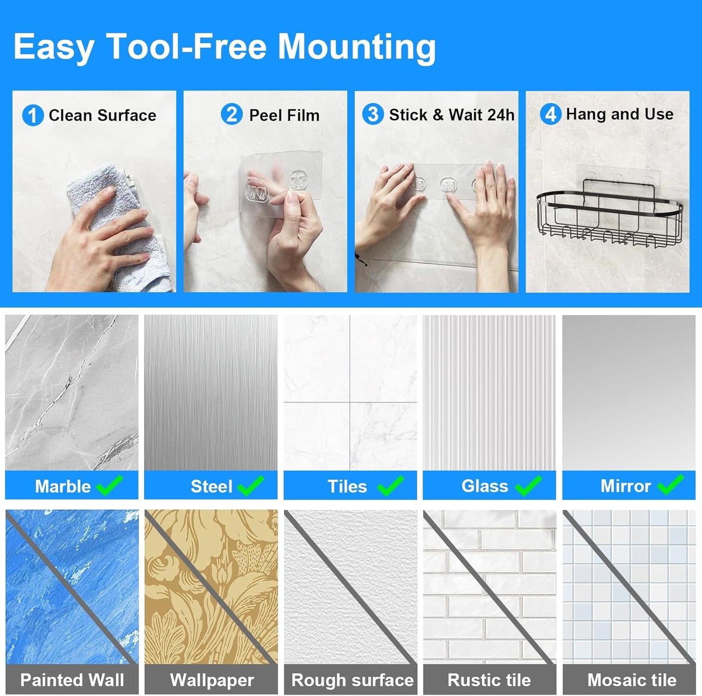 GearFusion Shower Caddy Bathroom Storage Shelves, 5 Pack Large Capacity Adhesive Shower Organizer with Soap Dishes & 12 Hooks, Toothbrush Holder, Rustproof Showers Racks - Black