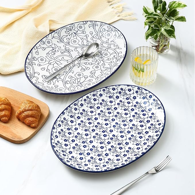 Selamica Serving Platter, 14 Inch Large Serving Dishes for Entertaining, Oval Ceramic Serving Trays for Party, Steak, Cake, Dinner, Fruit, Oven Safe, Microwave Safe, Set of 4, Vintage Blue