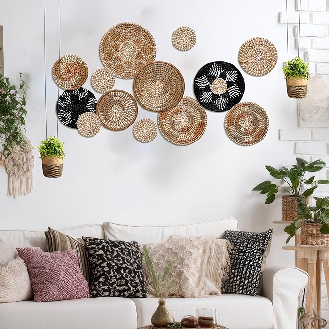Xuhal 15 Pcs Boho Wall Basket Decor Handcrafted Seagrass Woven Wall Basket Rustic Round Woven Hanging Art for Home Farmhouse Kitchen Table Living Room (Dark Colors Style)