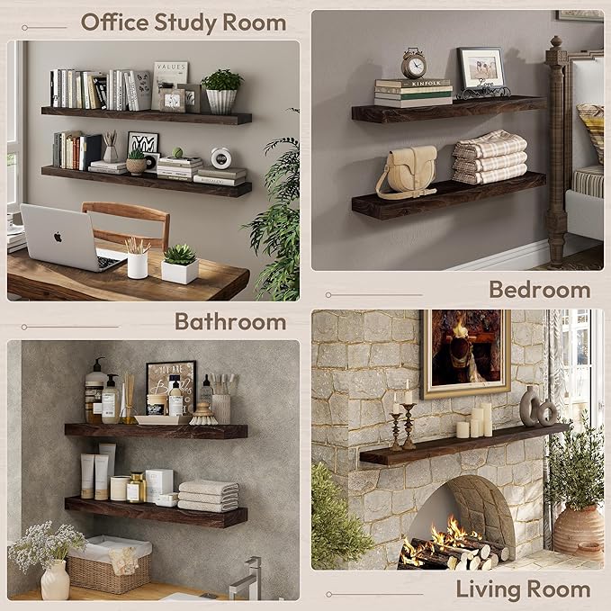 Marsmiles 40 inch Floating Shelves for Wall Solid Elm Wood Wall Mounted Shelves|Rustic Long Floating Shelves with Invisible Bracket for Bathroom Living Room Kitchen|Walnut, 1 Pack