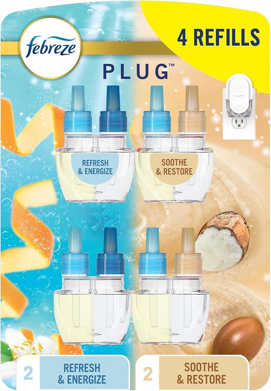 Febreze Fade Defy PLUG Air Freshener 4-Pack — Refresh & Energize and Soothe & Restore Scented Oil Refills