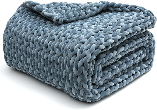 YnM Velvet Chunky Knitted Weighted Blanket – Blue 60x80 Inch 15lbs, Handmade Deep Pressure Therapy Blanket