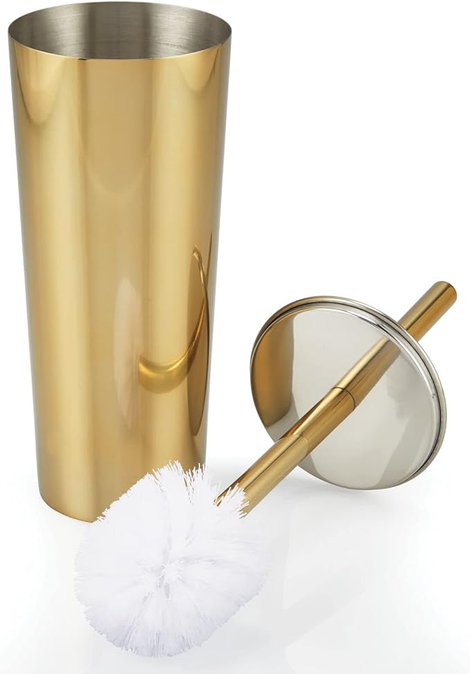 mDesign Modern Compact Freestanding MetalToilet Bowl Brush and Rectangle Open Wastebasket Garbage Can Combo Set for Bathroom Storage - Sturdy, Deep Cleaning - Set of 2 - Brass