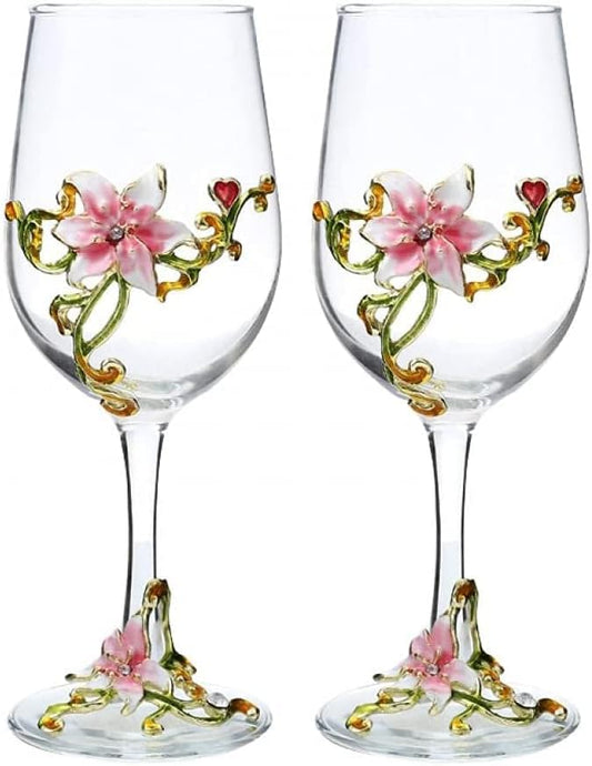 Simcat Handmade Painted Enamel Flower Glass Wine Glasses Transparent Refined Goblet, Stem For Cabernet, Gifts (Double pink gift box,2 Gift Box)