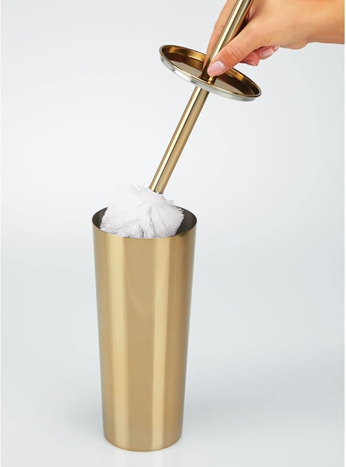 mDesign Modern Compact Freestanding MetalToilet Bowl Brush and Rectangle Open Wastebasket Garbage Can Combo Set for Bathroom Storage - Sturdy, Deep Cleaning - Set of 2 - Brass