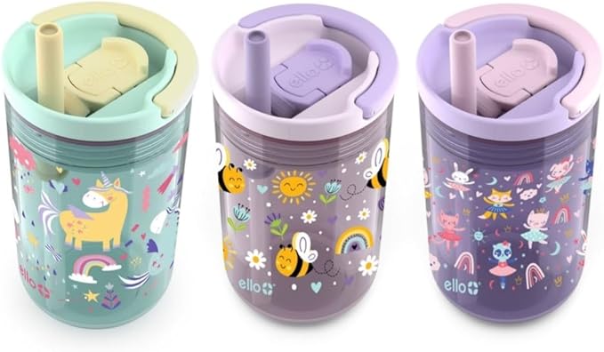 Ello Kids Bop 12 oz Spill Resistant Tritan Tumbler With Removable Straw | Built In Carry Handle | 3 Pack (Rainbows, Bees, Ballerinas)