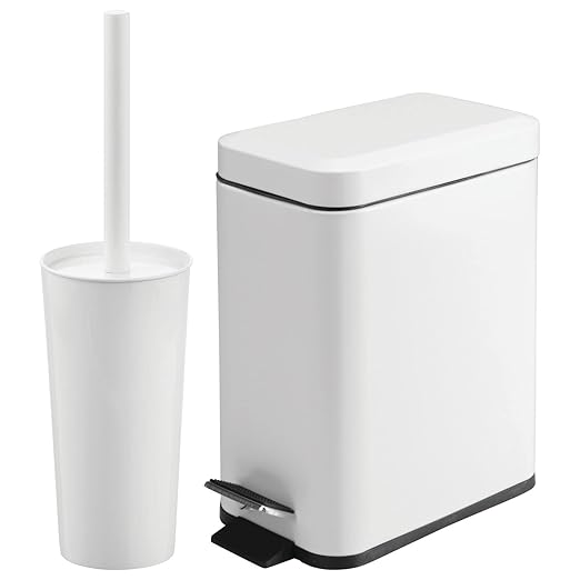 mDesign Metal Freestanding Slim Toilet Bowl Brush and Holder + Rectangle Narrow 5 Liter / 1.3 Gallon Step Pedal Trash Can Wastebasket for Bathroom - Small, Compact Design - Set of 2 - White