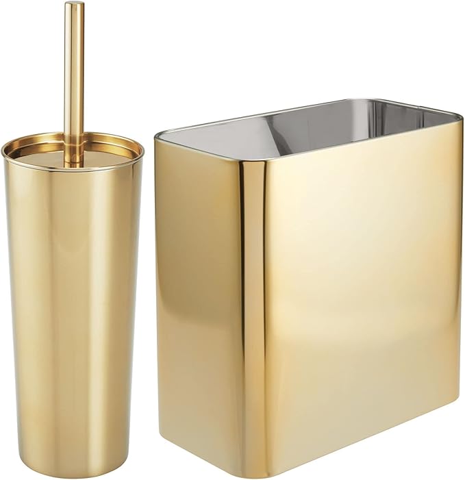 mDesign Modern Compact Freestanding MetalToilet Bowl Brush and Rectangle Open Wastebasket Garbage Can Combo Set for Bathroom Storage - Sturdy, Deep Cleaning - Set of 2 - Brass