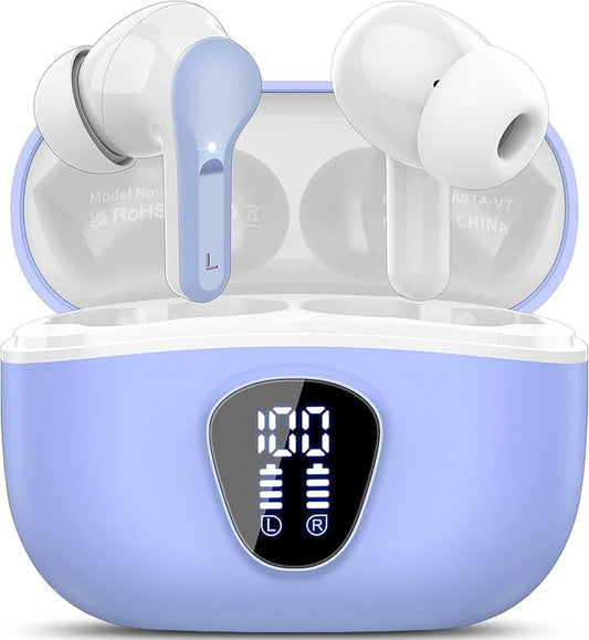 Wireless Earbuds, Bluetooth 5.4 Headphones HiFi Stereo, Bluetooth Earbuds with ENC Noise Cancelling Mic,IP7 Waterproof in Ear Earphones, 48H, LED Display Ear buds for Pad Phones Workout, White Purple