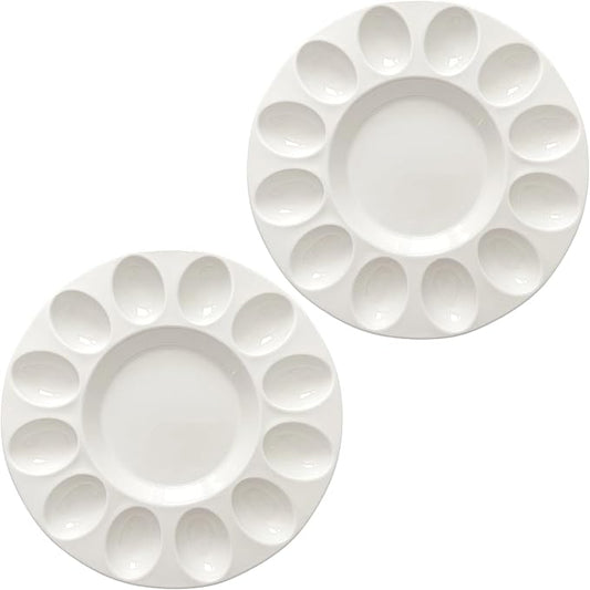echomerx 10" White Ceramic Deviled Egg Serving Platters - 2 Round Ceramic Dishes, Trays Holds 12 Eggs ea. - Ideal for Easter Christmas Entertaining - 2-Pack