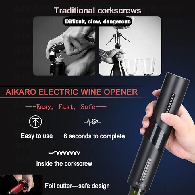 AIKARO - Electric Wine Bottle Opener Automatic Electronic Corkscrew, Battery Operated