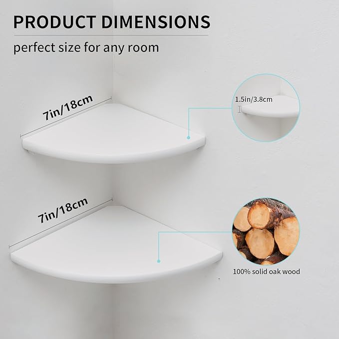 Corner Shelf, White Floating Corner Shelf, Set of 2 7inch Solid Oak Wood Corner Wall Shelves, Round End Wall Mount Display Shelf with Wire Hole for Small Plant for Bedroom Kitchen, Living Room