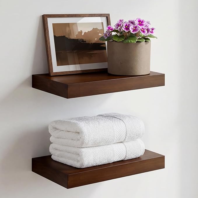 Homeforia Walnut 12 inch Floating Shelf, High End Solid Real Wood Small 12inch Floating Shelves for Wall Mounted, Dark Brown 12in Floating Shelves, Heavy Duty Bracket, 12 X 6.5 X 1.75 inches, Set of 3