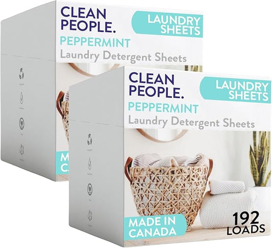 Clean People Laundry Detergent Sheets- Recyclable Packaging, Hypoallergenic, Stain Fighting, Works with All Machines including HE (384 Count, Peppermint)