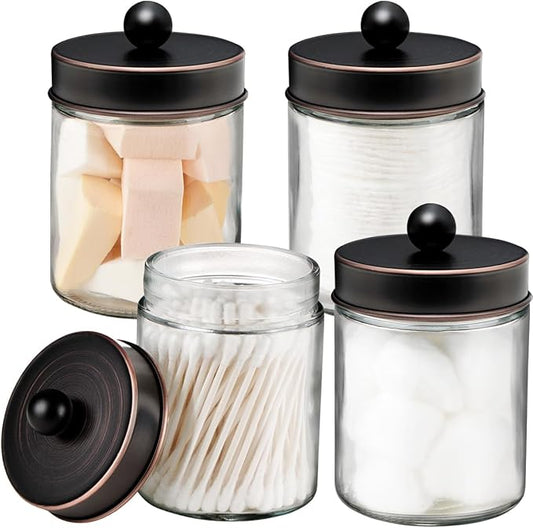 Amolliar 4Pc Apothecary Jars Bathroom Vanity Storage Organizer-Countertop Canister & Stainless Steel Lids &Cute Stickers -Qtip Dispenser Holder for Qtips,Cotton Swabs,Makeup Sponge(Oil Rubbed Bronze)
