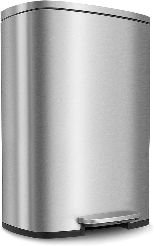 BestOffice 13.2 Gallon(50L) Trash Can, Fingerprint Proof Stainless Steel Kitchen Garbage Can with Removable Inner Bucket and Hinged Lids, Pedal Rubbish Bin for Home Office
