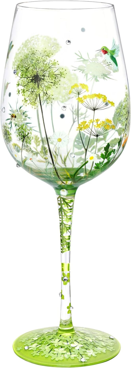 NymphFable Colorful Wine Glass Flower Bird Gragonfly Artisan Painted 15oz Personalised Gift for Best Friend