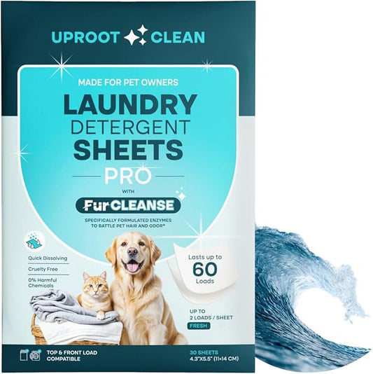 Uproot Clean Laundry Sheets Pro - 30 Pack - Fresh Scent: Mineral-Powered Laundry Detergent Sheets Travel Pack - Eliminate Clinging Fur, Pet Odors, & Messy Residue - Up to 60 Loads
