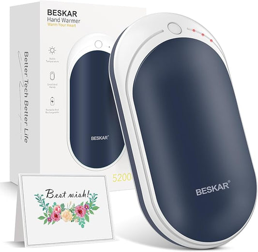 BESKAR Rechargeable Hand Warmer, 5200mAh Electric Handwarmers with Long Lasting Heating, Quick Charge and 3 Levels, Portable Pocket Hand Warmer for Outdoors, Camping, Golf, Raynauds