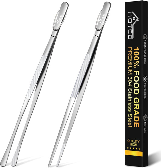 HOTEC Kitchen Tweezers Tongs Stainless Steel Professional Chef Tweezers, Set of 2-12inch Extra-Long Food Tongs for Cooking,Grill and Baking