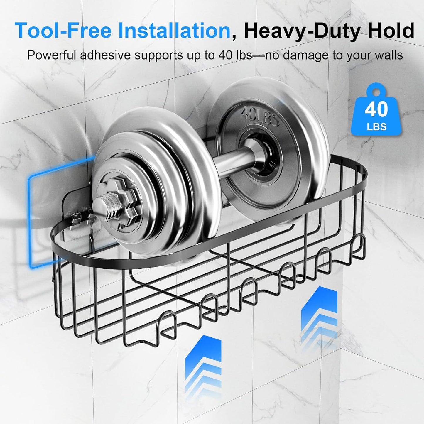 GearFusion Shower Caddy Bathroom Storage Shelves, 5 Pack Large Capacity Adhesive Shower Organizer with Soap Dishes & 12 Hooks, Toothbrush Holder, Rustproof Showers Racks - Black