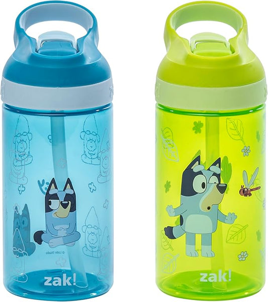 Zak Designs Bluey Atlantic Kids Water Bottle For School or Travel, 16oz Durable Plastic Water Bottle With Straw, Handle, and Leak-Proof, Pop-Up Spout Cover, 2-Pack (Bluey, Bingo)