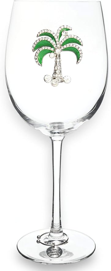 THE QUEENS' JEWELS Green Diamond Palm Tree Wine Glass (stemmed) - 21 oz. - Tropical Getaway with Rhinestone Glam - Hand-Decorated Glassware – Not Painted - Dazzling and Unique