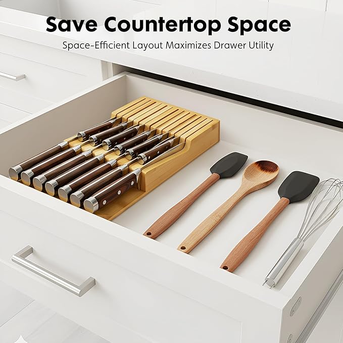 Bamboo Kitchen Drawer Knife Block, In drawer Knife Holder, Knife Drawer Organizer fit for 13 knives