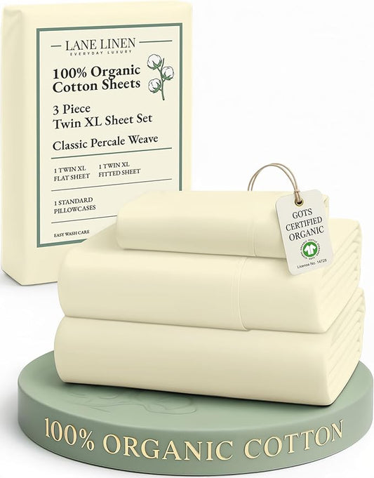 LANE LINEN 100% Organic Cotton Sustainably Produced Twin XL Bed Sheets, Mercerized Fully Elasticized Percale Perfect for Hospital Bed & Dorm Room, Reinforced Seams Twin XL Sheets-Vanilla
