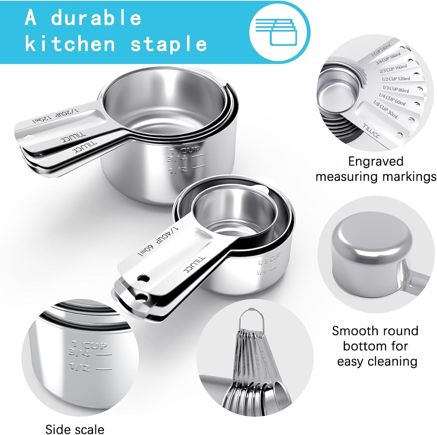 TILUCK Stainless Steel Measuring Cups Set,Kitchen Gadgets for Cooking & Baking,Set of 7