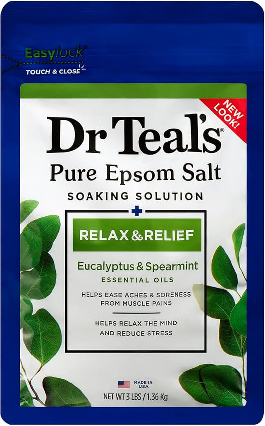 Dr Teal's Epsom Salt Magnesium Soak, Relax & Relief with Eucalyptus & Spearmint Essential Oils, 3 lbs
