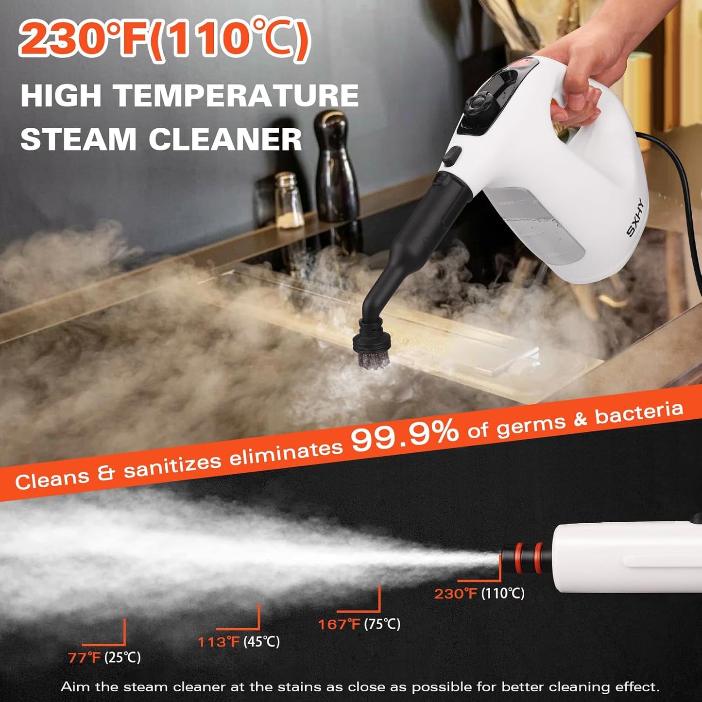 Steam Cleaner, Handheld Steamer for Cleaning, Multipurpose Pressurized Steam Cleaners for Home Use with Continuous Steam Lock, Unlimited Use Time and 11 Accessory Kit to Remove Grime