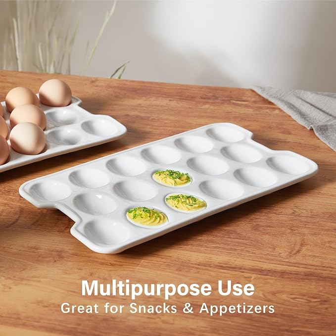 ONEMORE Ceramic Deviled Egg Platter Set of 2, Christmas Deviled Egg Tray, 17 Holes Eggs Holder for Fridge, Rectangle Appetizer Serving Dishes for Parties & Entertaining, Serving Plate for Boiled Eggs