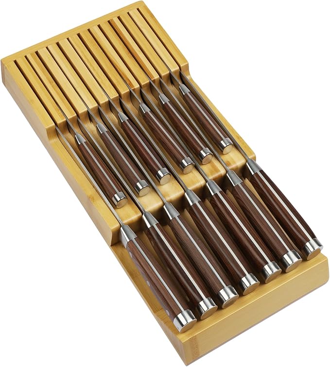 Bamboo Kitchen Drawer Knife Block, In drawer Knife Holder, Knife Drawer Organizer fit for 13 knives