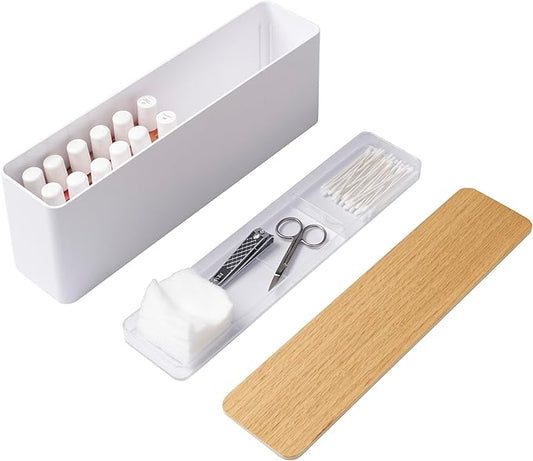 YAMAZAKI Home Tosca Spacious Nail Polish Organizer With Lid - Slim Storage Case With Tray For Nail Care Supplies - Plastic